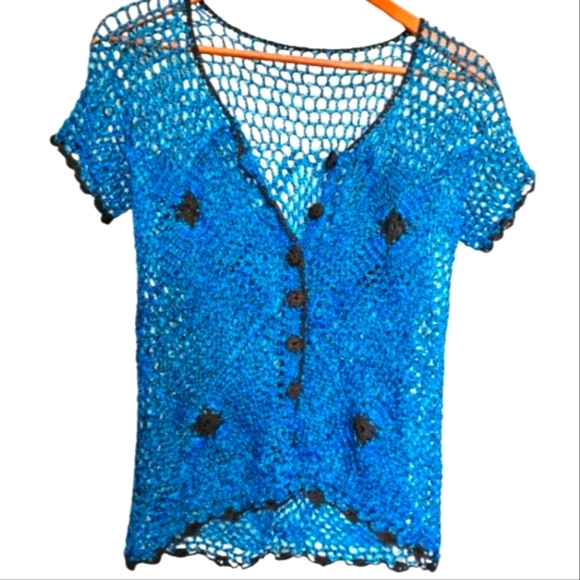 Source Unknown Tops - Electric Blue, Vintage Avant Garde Crochet Cardigan. Cottagecore